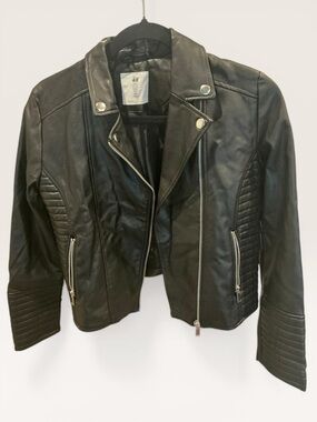 H&M Black Faux Leather Biker Jacket with Quilted Panels